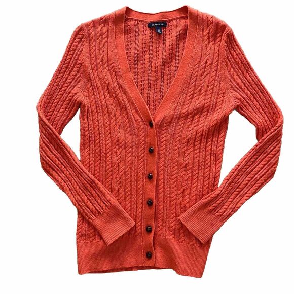 LANDS END Wool Cotton Orange Aran Cable Knit Fisherman's Knit Cardigan Size XS - Picture 2 of 6